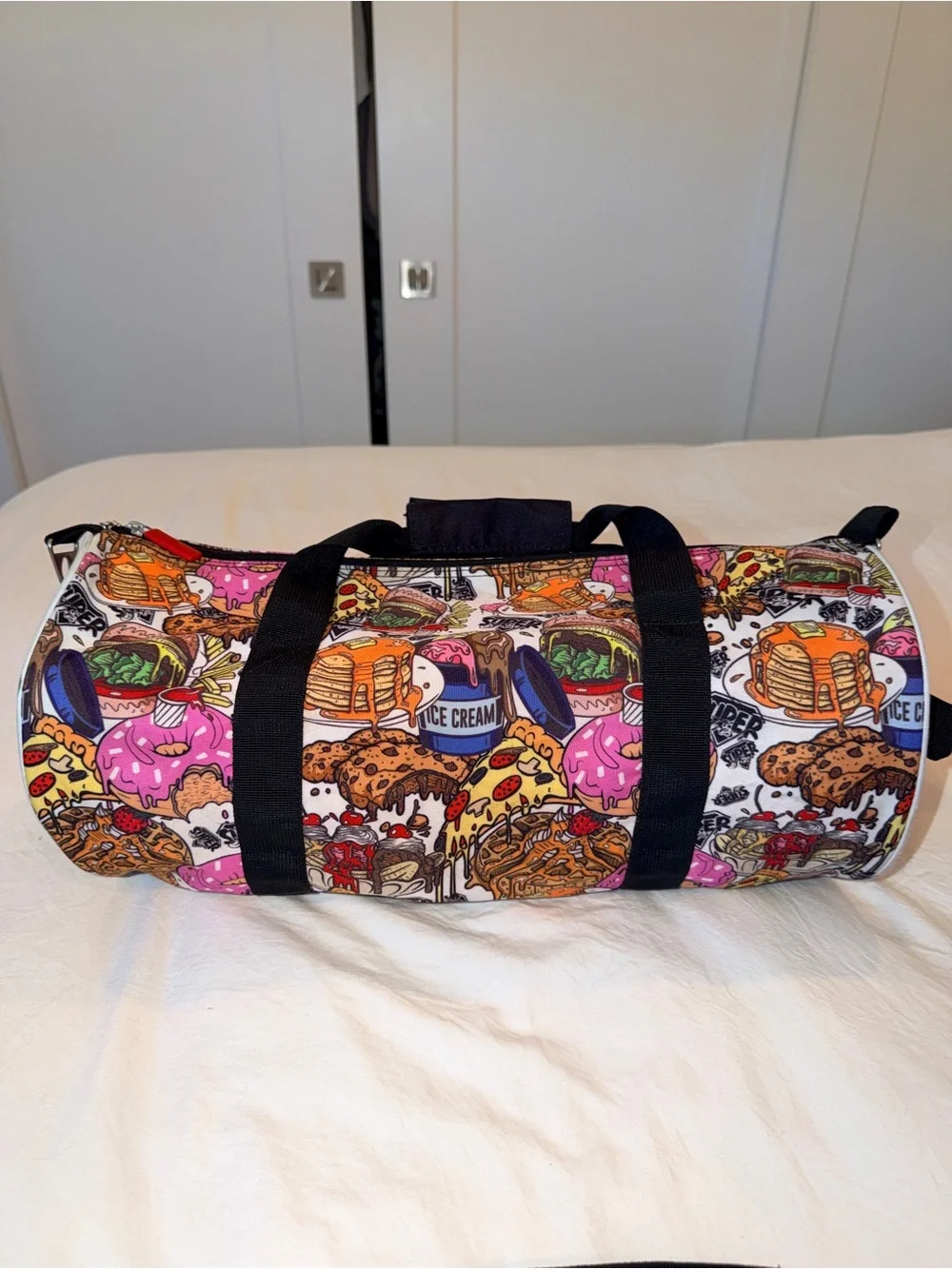 Food-Print Duffel Bag in Pink, White & Multicolor - Fashion Travel Tote
